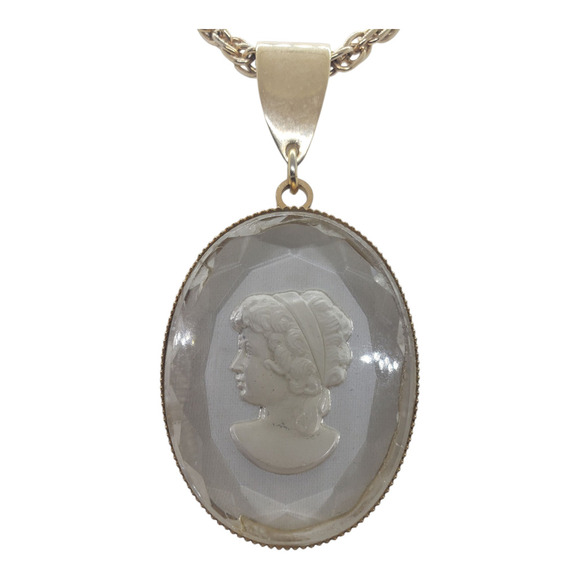 Vintage Intaglio Reverse Engraved Cameo Necklace Rope Chain Faceted Pendant 1970 - Picture 12 of 12